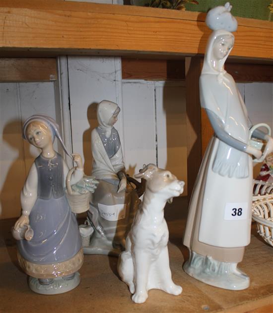 3 Lladro figurines and a Nao dog